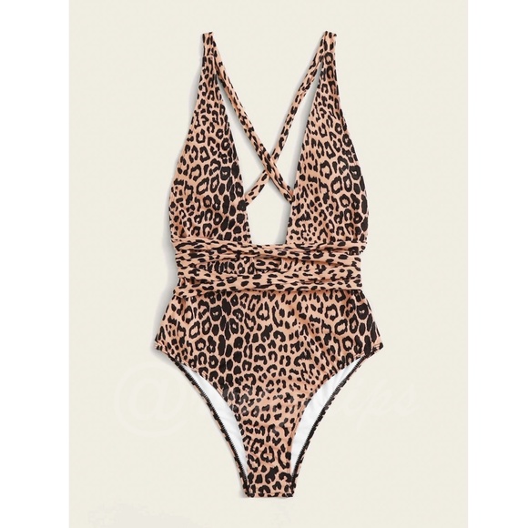 Cheetah Print Deep V Tie Detail One Piece Swimsuit Beige Black Strappy - Picture 6 of 7